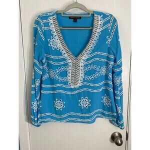 Boston Proper Blouse Small Turquoise Floral Eyelet Beaded Maximalist Artsy